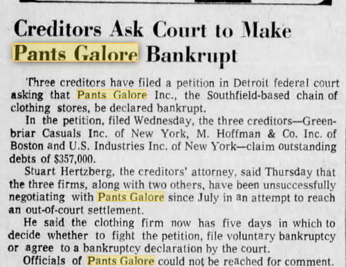 Pants Galore - 1975 Article On Financial Troubles (newer photo)